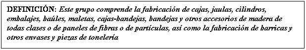 Cuadro de texto: DEFINICIÓN: Este grupo comprende la fabricación de cajas, jaulas, cilindros, embalajes, baúles, maletas, cajas-bandejas, bandejas y otros accesorios de madera de todas clases o de paneles de fibras o de partículas, así como la fabricación de barricas y otros envases y piezas de tonelería
