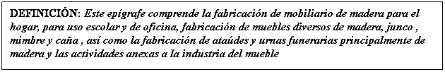 Cuadro de texto: DEFINICI�N: Este ep�grafe comprende la fabricaci�n de mobiliario de madera para el hogar, para uso escolar y de oficina, fabricaci�n de muebles diversos de madera, junco , mimbre y ca�a , as� como la fabricaci�n de ata�des y urnas funerarias principalmente de madera y las actividades anexas a la industria del mueble 
